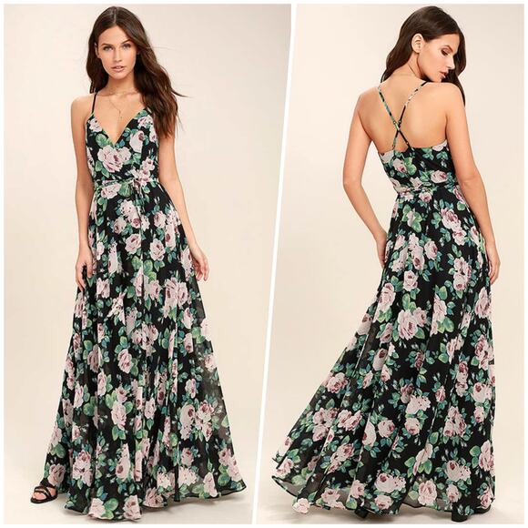 Lulus | Women | Legendary Romantic Dark Floral Chiffon Wrap Maxi Dress | Size XL - Picture 14 of 16
